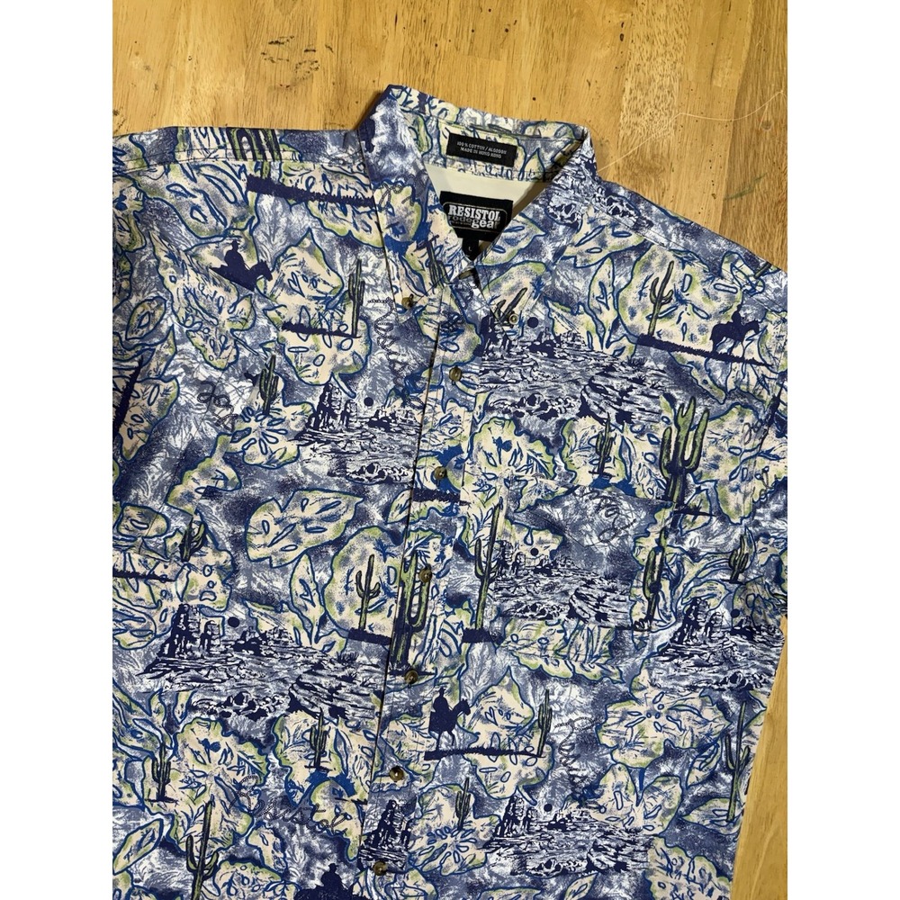 VTG Resistol Rodeo Gear Shirt Mens Large Blue Cowboy Cactus Western Short Sleeve